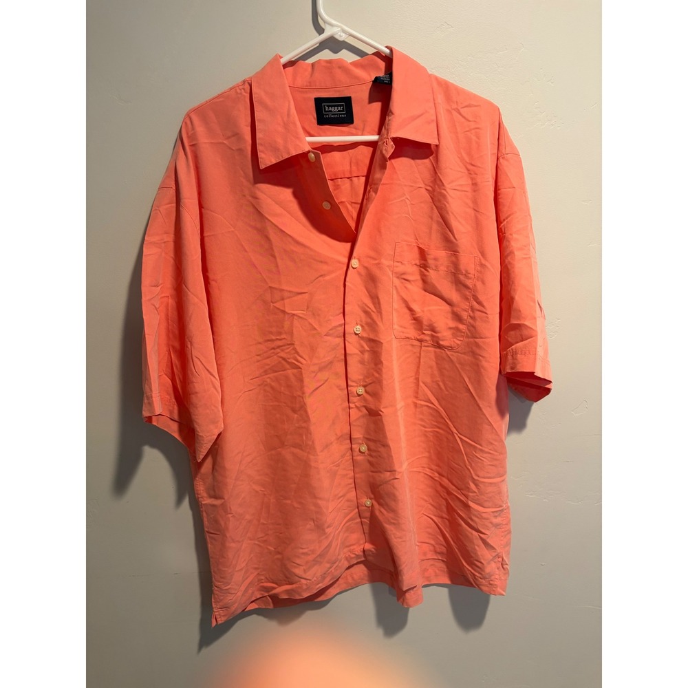 Haggar Collections Mens Large Coral Pink Short Sleeve Button Down Camp Shirt